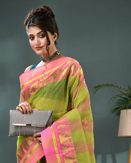Pure Cotton Handloom Zari Temple Design Tant Saree - Green Pink
