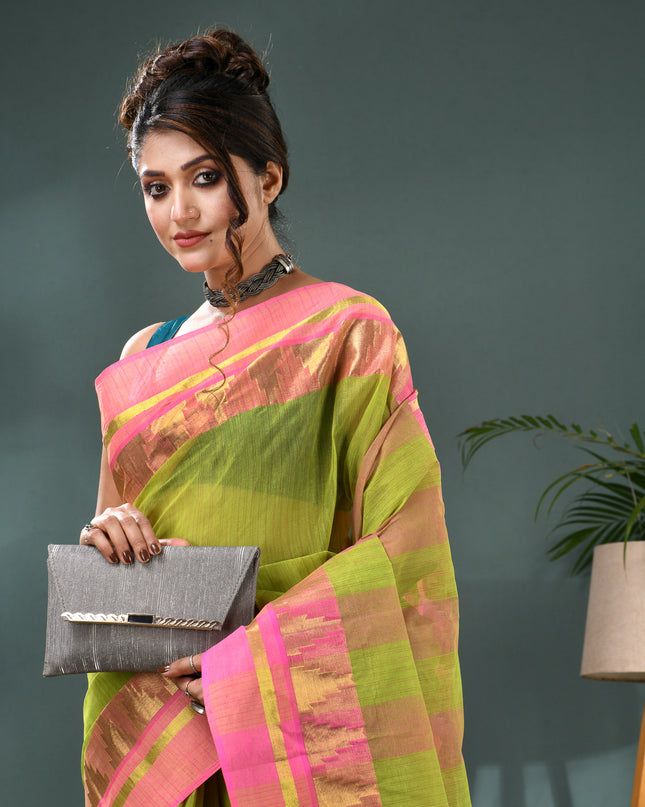 Pure Cotton Handloom Zari Temple Design Tant Saree - Green Pink
