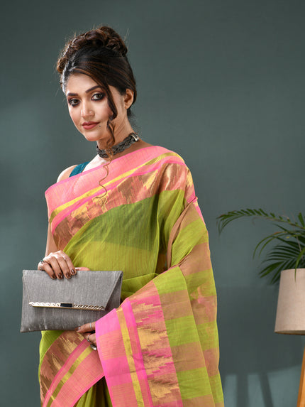Pure Cotton Handloom Zari Temple Design Tant Saree - Green Pink