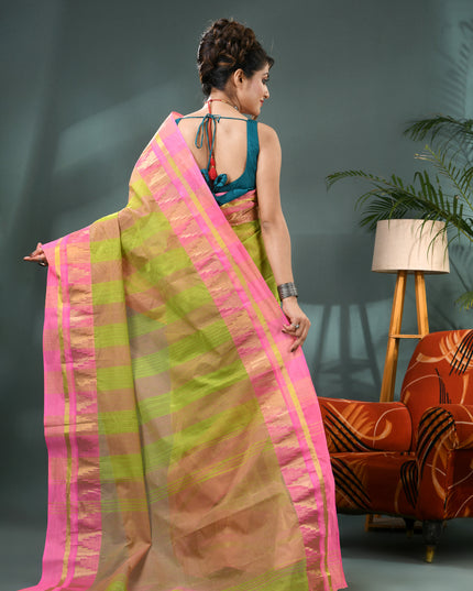 Pure Cotton Handloom Zari Temple Design Tant Saree - Green Pink