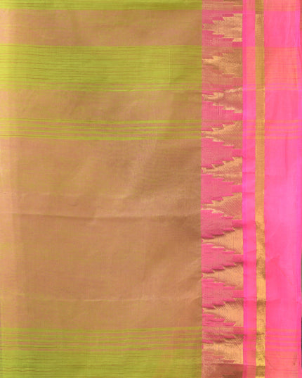 Pure Cotton Handloom Zari Temple Design Tant Saree - Green Pink