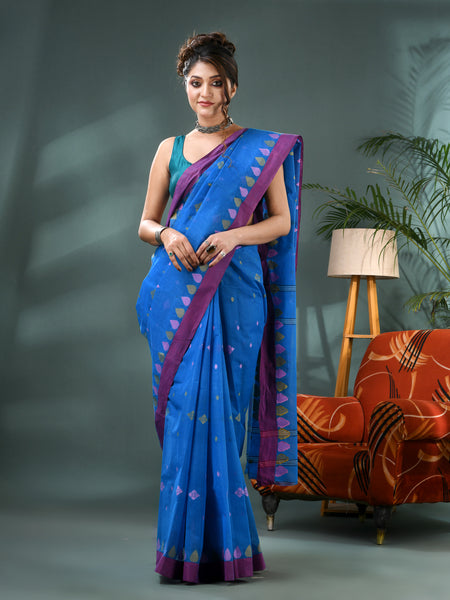 Pure Cotton Handloom Nilpari Design Tant Saree - Sky Blue
