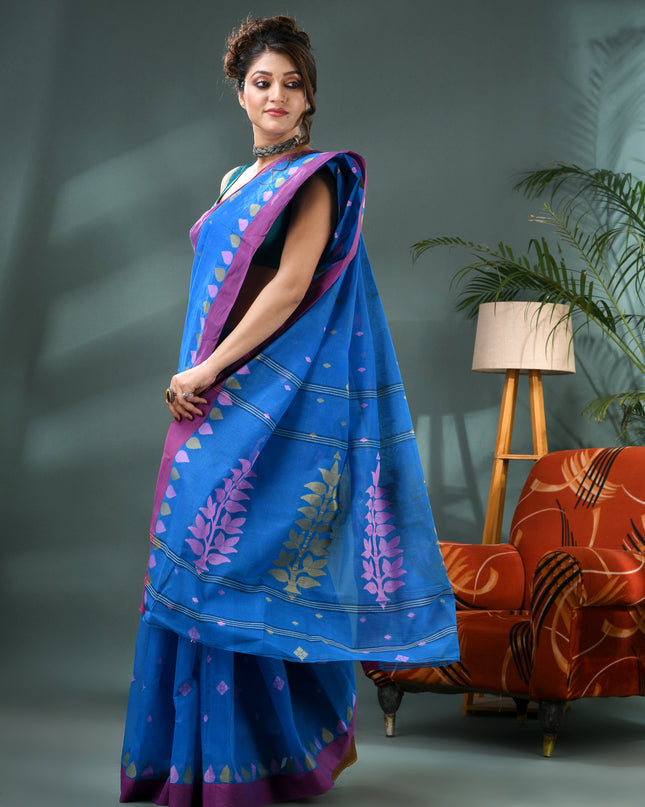 Pure Cotton Handloom Nilpari Design Tant Saree - Sky Blue