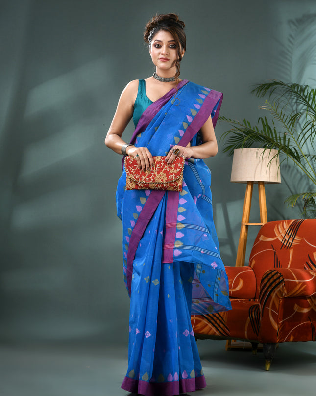 Pure Cotton Handloom Nilpari Design Tant Saree - Sky Blue