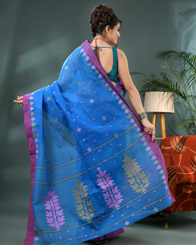 Pure Cotton Handloom Nilpari Design Tant Saree - Sky Blue