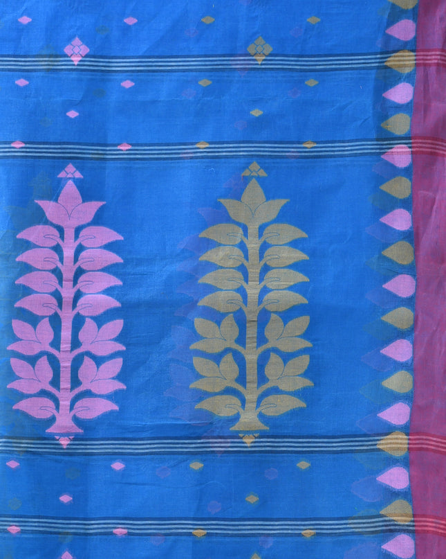 Pure Cotton Handloom Nilpari Design Tant Saree - Sky Blue