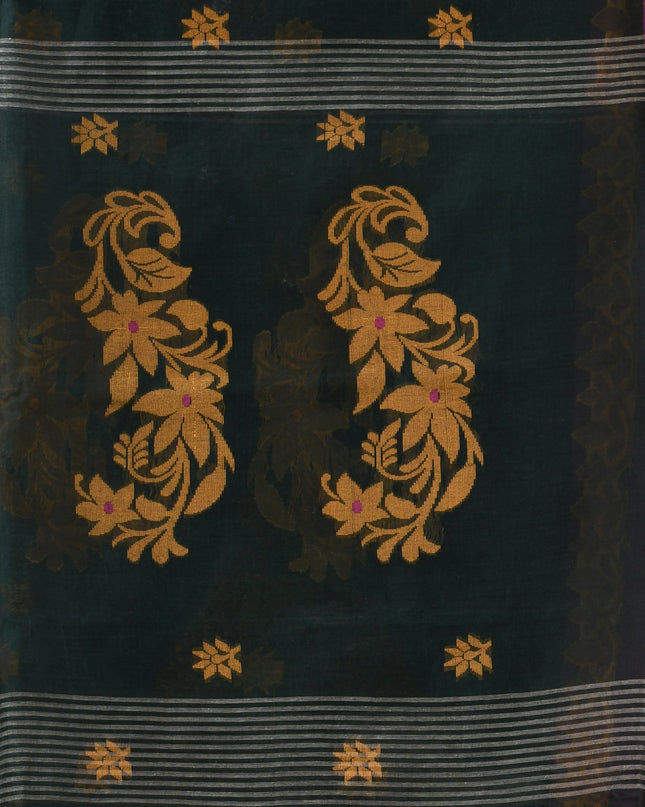 Pure Cotton Midnight Flora Design Handloom Saree With Blouse Piece - Dark Green