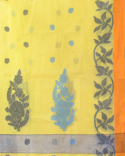 Yellow Pure Cotton Handloom Botanic Design Tant Saree (No Blouse Piece)