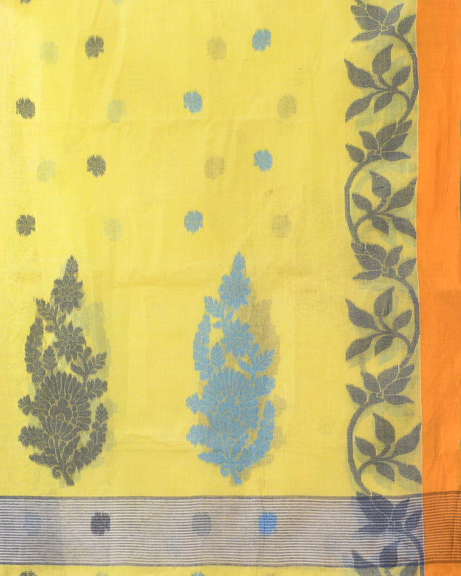 Yellow Pure Cotton Handloom Botanic Design Tant Saree (No Blouse Piece)