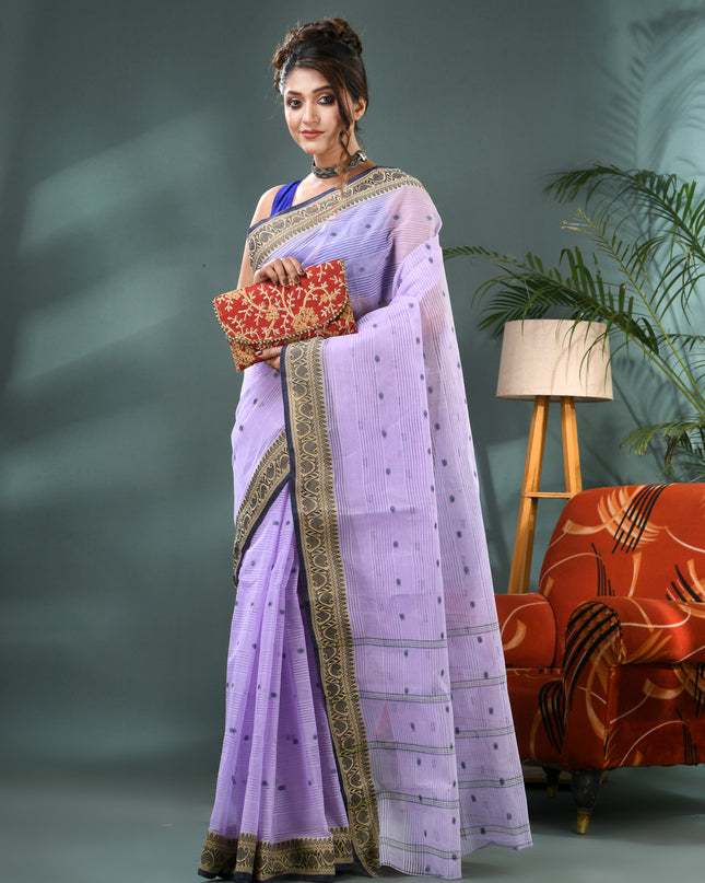 Pure Cotton Handloom Kolkabuti Leela Design Tant Saree - Purple