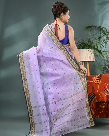 Pure Cotton Handloom Kolkabuti Leela Design Tant Saree - Purple