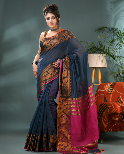 Pure Silk Kanjivaram Handloom Cotton Rajoshree Designer Saree With Blouse Piece - Dark Blue Pink