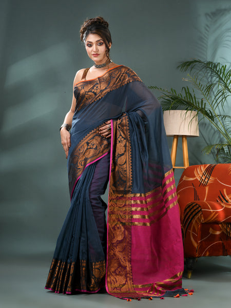 Pure Silk Kanjivaram Handloom Cotton Rajoshree Designer Saree With Blouse Piece - Dark Blue Pink