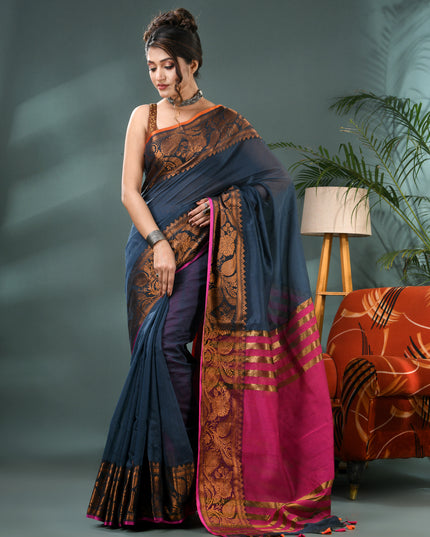 Pure Silk Kanjivaram Handloom Cotton Rajoshree Designer Saree With Blouse Piece - Dark Blue Pink