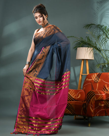 Pure Silk Kanjivaram Handloom Cotton Rajoshree Designer Saree With Blouse Piece - Dark Blue Pink