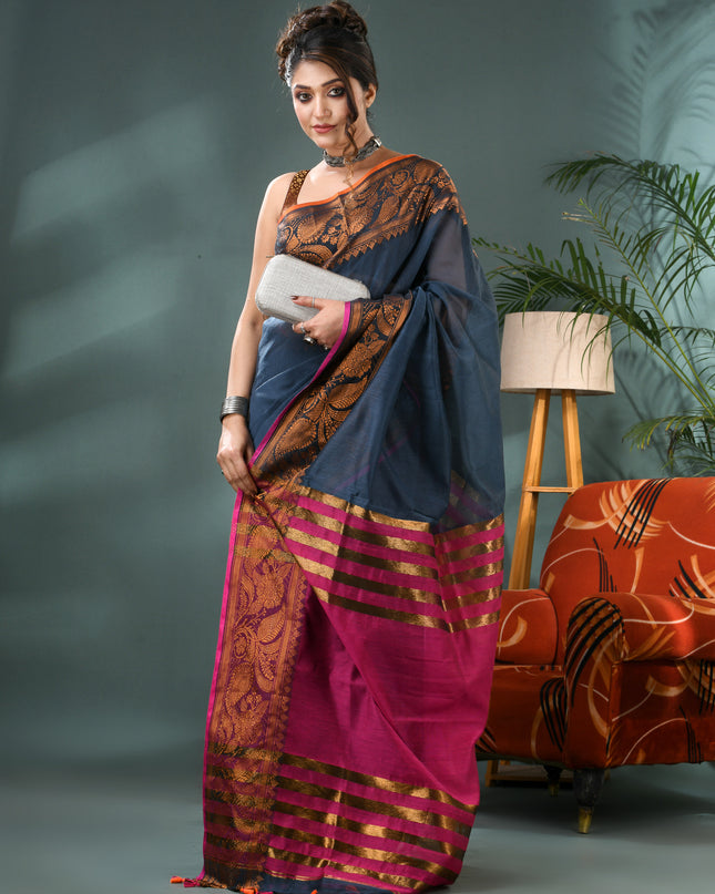 Pure Silk Kanjivaram Handloom Cotton Rajoshree Designer Saree With Blouse Piece - Dark Blue Pink