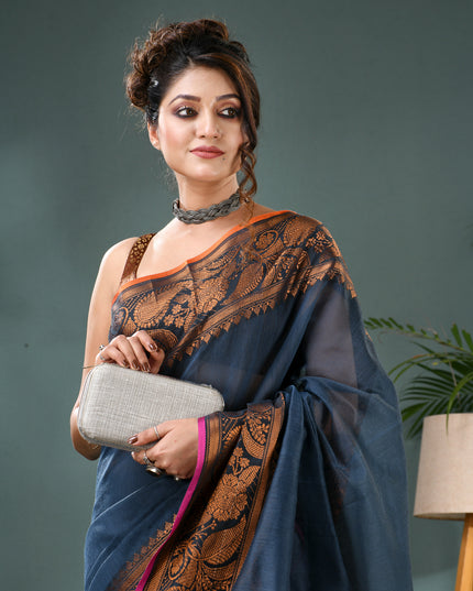 Pure Silk Kanjivaram Handloom Cotton Rajoshree Designer Saree With Blouse Piece - Dark Blue Pink