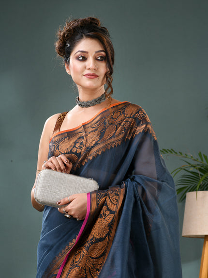 Pure Silk Kanjivaram Handloom Cotton Rajoshree Designer Saree With Blouse Piece - Dark Blue Pink