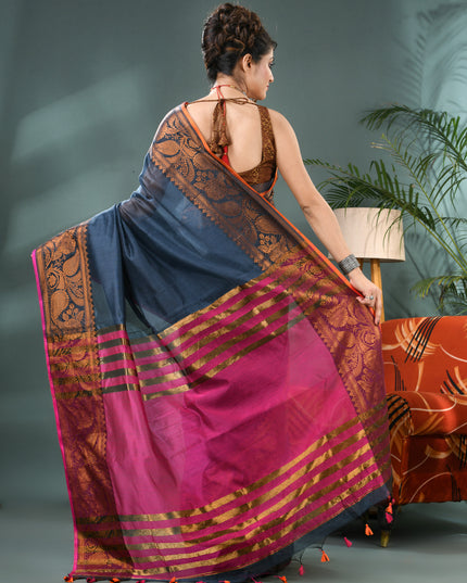 Pure Silk Kanjivaram Handloom Cotton Rajoshree Designer Saree With Blouse Piece - Dark Blue Pink