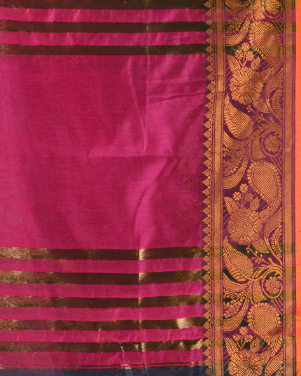 Pure Silk Kanjivaram Handloom Cotton Rajoshree Designer Saree With Blouse Piece - Dark Blue Pink