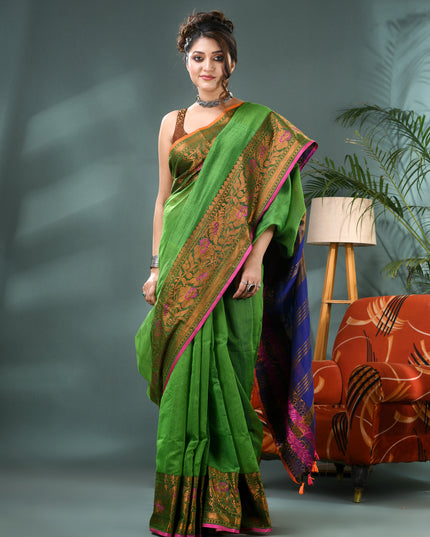 Pure Silk Kanjivaram Handloom Cotton Mine Rajoshree Designer Saree With Blouse Piece - Green Blue