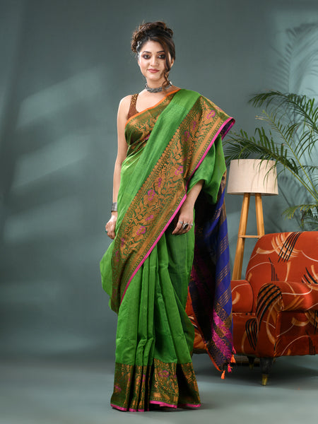 Pure Silk Kanjivaram Handloom Cotton Mine Rajoshree Designer Saree With Blouse Piece - Green Blue
