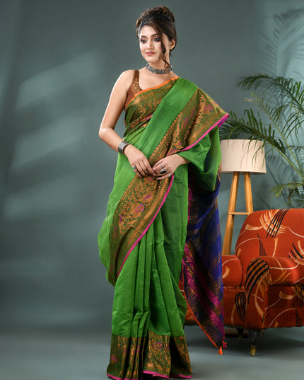 Pure Silk Kanjivaram Handloom Cotton Mine Rajoshree Designer Saree With Blouse Piece - Green Blue