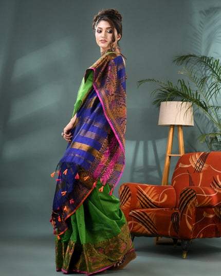 Pure Silk Kanjivaram Handloom Cotton Mine Rajoshree Designer Saree With Blouse Piece - Green Blue