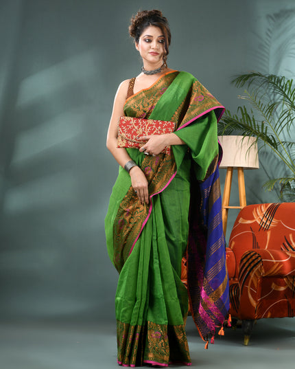 Pure Silk Kanjivaram Handloom Cotton Mine Rajoshree Designer Saree With Blouse Piece - Green Blue