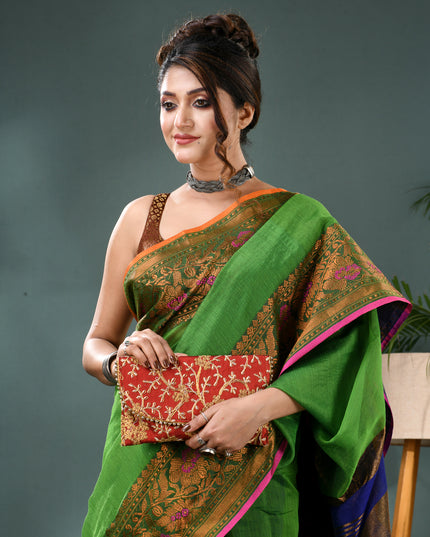 Pure Silk Kanjivaram Handloom Cotton Mine Rajoshree Designer Saree With Blouse Piece - Green Blue