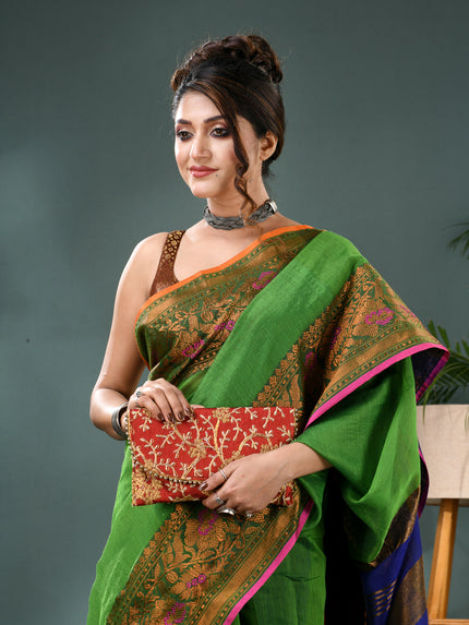 Pure Silk Kanjivaram Handloom Cotton Mine Rajoshree Designer Saree With Blouse Piece - Green Blue
