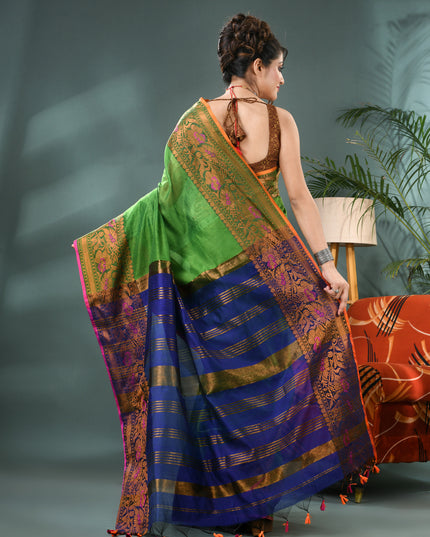 Pure Silk Kanjivaram Handloom Cotton Mine Rajoshree Designer Saree With Blouse Piece - Green Blue