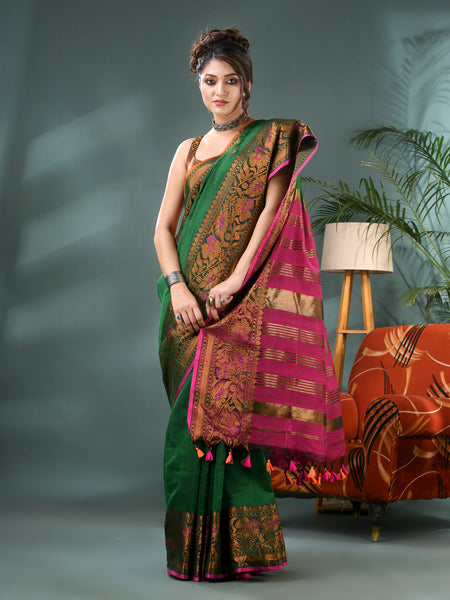 Pure Silk Kanjivaram Handloom Cotton Mine Rajoshree Designer Saree With Blouse Piece - Green Pink
