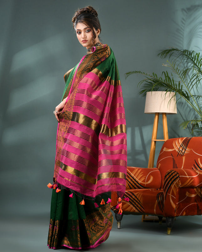 Pure Silk Kanjivaram Handloom Cotton Mine Rajoshree Designer Saree With Blouse Piece - Green Pink
