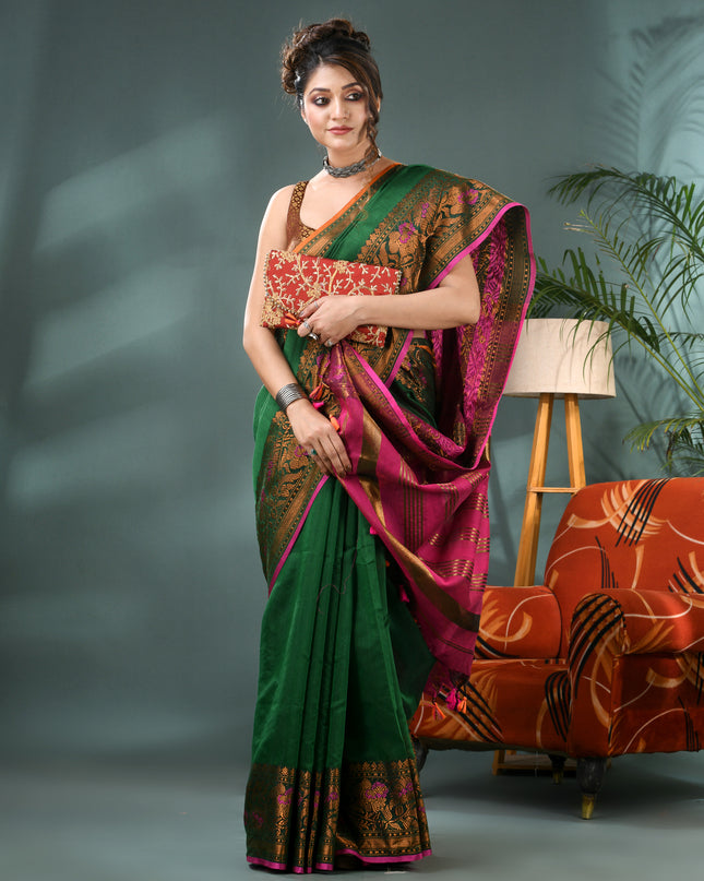 Pure Silk Kanjivaram Handloom Cotton Mine Rajoshree Designer Saree With Blouse Piece - Green Pink
