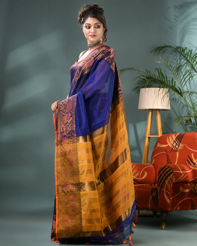 Pure Silk Kanjivaram Handloom Cotton Mine Rajoshree Designer Saree With Blouse Piece - Blue Yellow