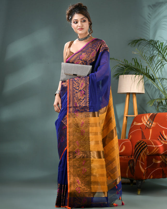 Pure Silk Kanjivaram Handloom Cotton Mine Rajoshree Designer Saree With Blouse Piece - Blue Yellow