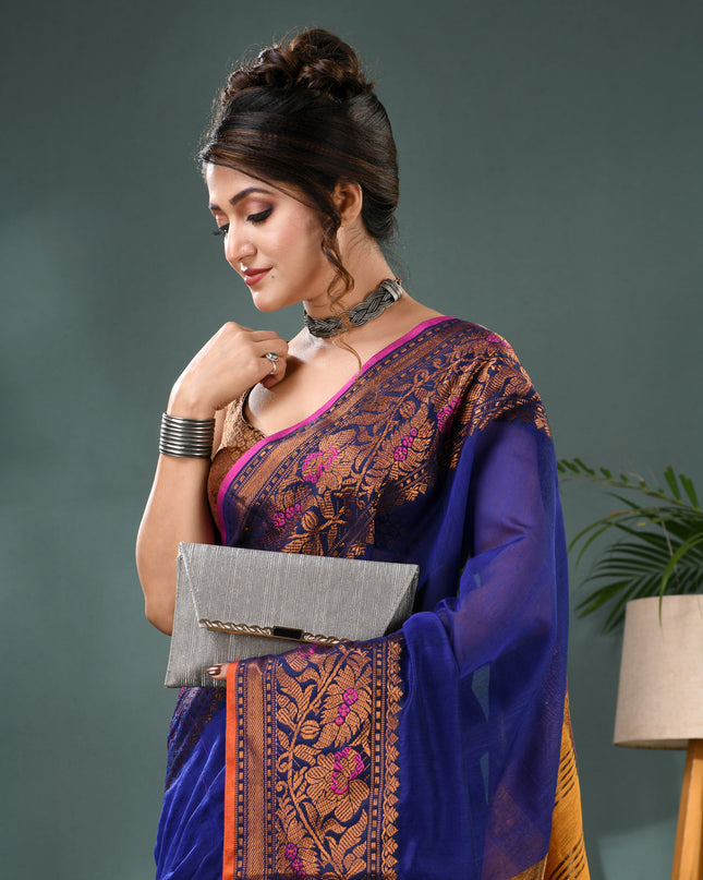 Pure Silk Kanjivaram Handloom Cotton Mine Rajoshree Designer Saree With Blouse Piece - Blue Yellow