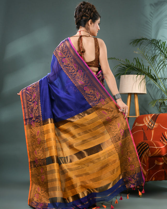 Pure Silk Kanjivaram Handloom Cotton Mine Rajoshree Designer Saree With Blouse Piece - Blue Yellow