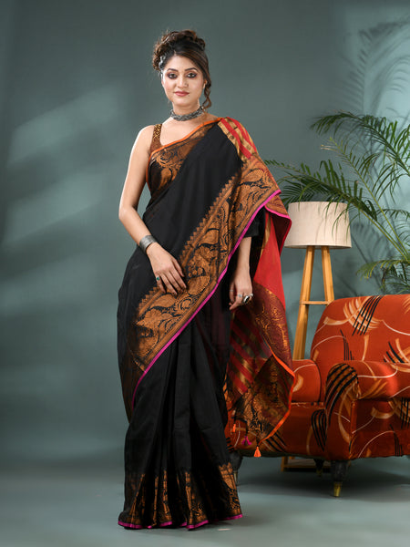 Pure Silk Kanjivaram Handloom Cotton Rajoshree Designer Saree With Blouse Piece - Black Red