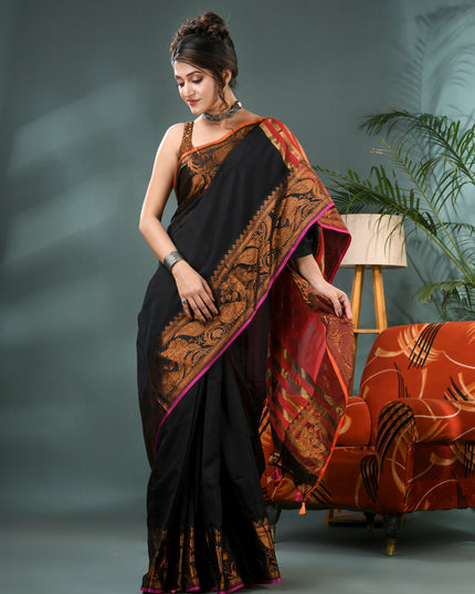 Pure Silk Kanjivaram Handloom Cotton Rajoshree Designer Saree With Blouse Piece - Black Red