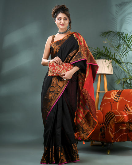 Pure Silk Kanjivaram Handloom Cotton Rajoshree Designer Saree With Blouse Piece - Black Red