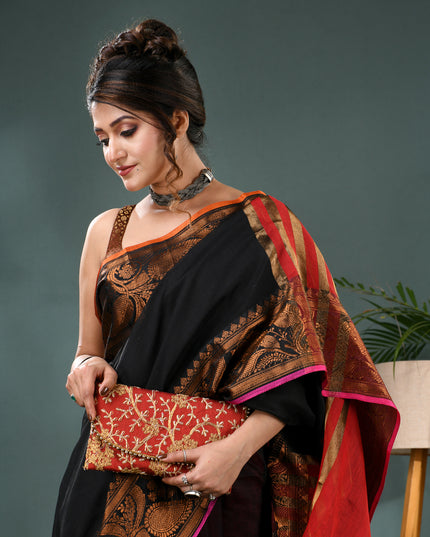 Pure Silk Kanjivaram Handloom Cotton Rajoshree Designer Saree With Blouse Piece - Black Red