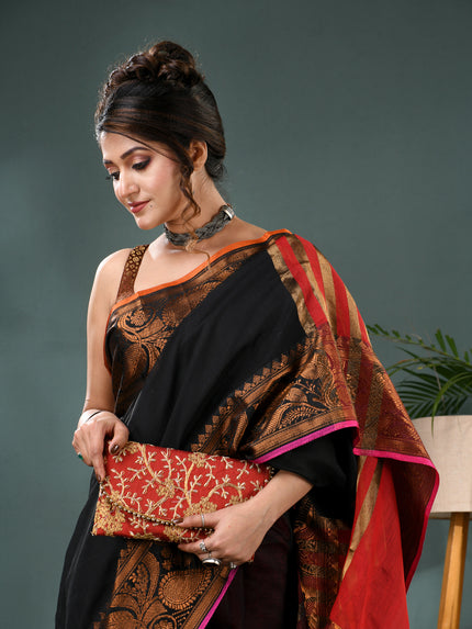 Pure Silk Kanjivaram Handloom Cotton Rajoshree Designer Saree With Blouse Piece - Black Red