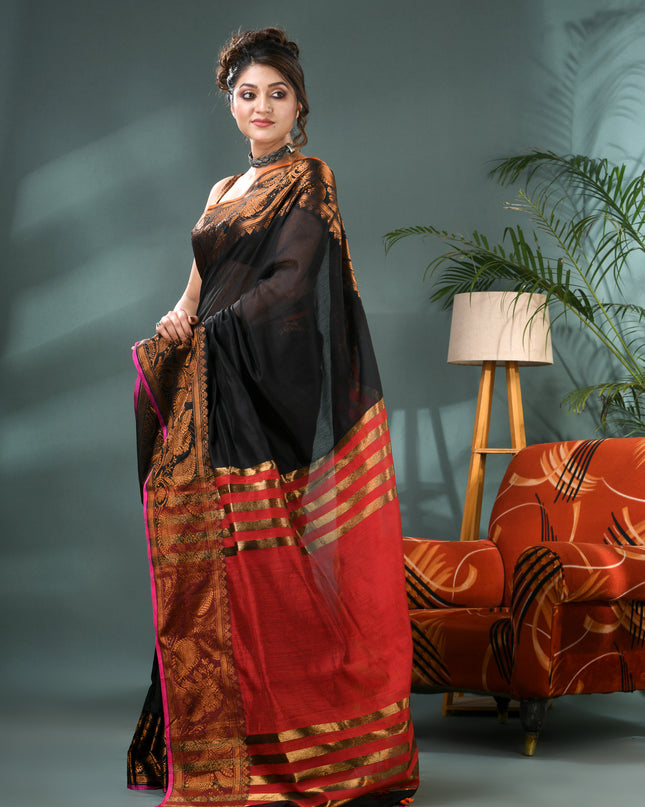 Pure Silk Kanjivaram Handloom Cotton Rajoshree Designer Saree With Blouse Piece - Black Red