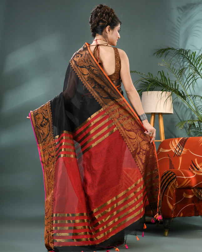 Pure Silk Kanjivaram Handloom Cotton Rajoshree Designer Saree With Blouse Piece - Black Red