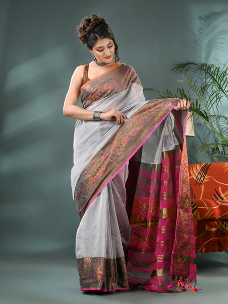 Pure Silk Kanjivaram Handloom Cotton Mine Rajoshree Designer Saree With Blouse Piece - Grey Pink