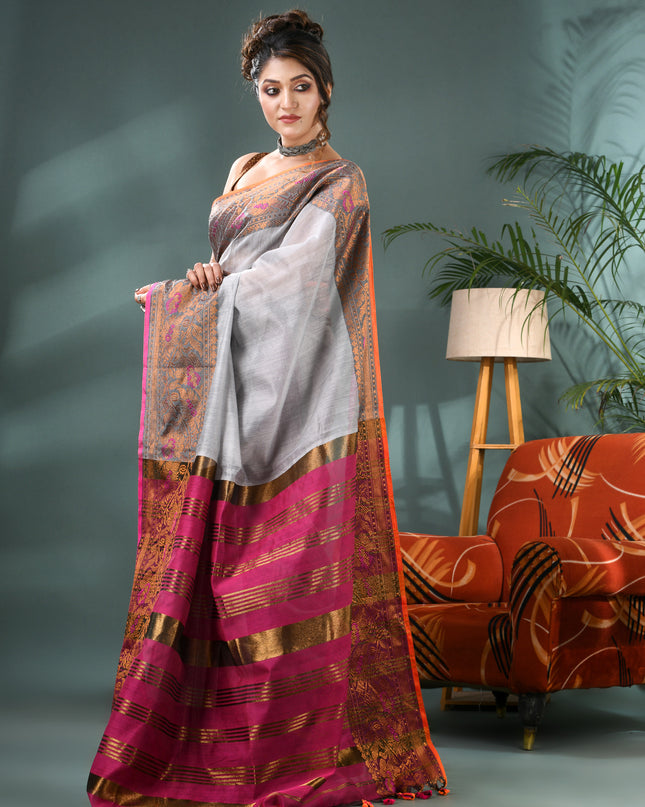Pure Silk Kanjivaram Handloom Cotton Mine Rajoshree Designer Saree With Blouse Piece - Grey Pink