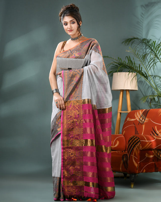 Pure Silk Kanjivaram Handloom Cotton Mine Rajoshree Designer Saree With Blouse Piece - Grey Pink