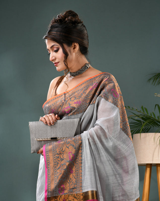 Pure Silk Kanjivaram Handloom Cotton Mine Rajoshree Designer Saree With Blouse Piece - Grey Pink